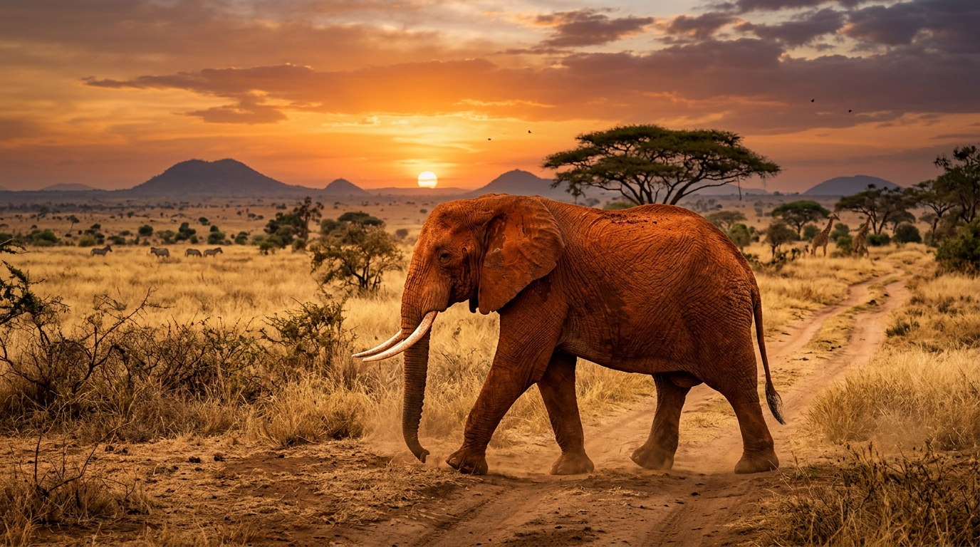 White elephants grazing at sunset in Tsavo Park, Kenya